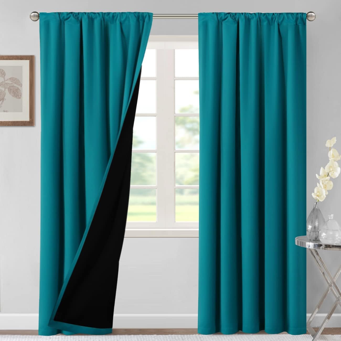 H.VERSAILTEX 100% Blackout Curtains for Bedroom Thermal Insulated Blackout Curtains 96 Inches Long Rod Pocket/Clip Rings Curtains for Living Room with Black Liner 2 Panels, Turquoise Blue