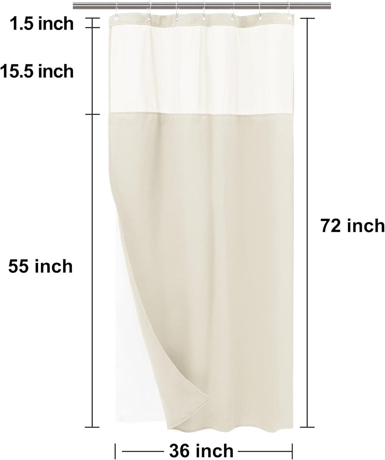 N&Y HOME Stall Waffle Weave Shower Curtain with Snap-in Fabric Liner & Hooks Set - 36" x 72" Small Shower Stall Size, Hotel Style & Mesh Top Window, Machine Washable - 36x72, Cream