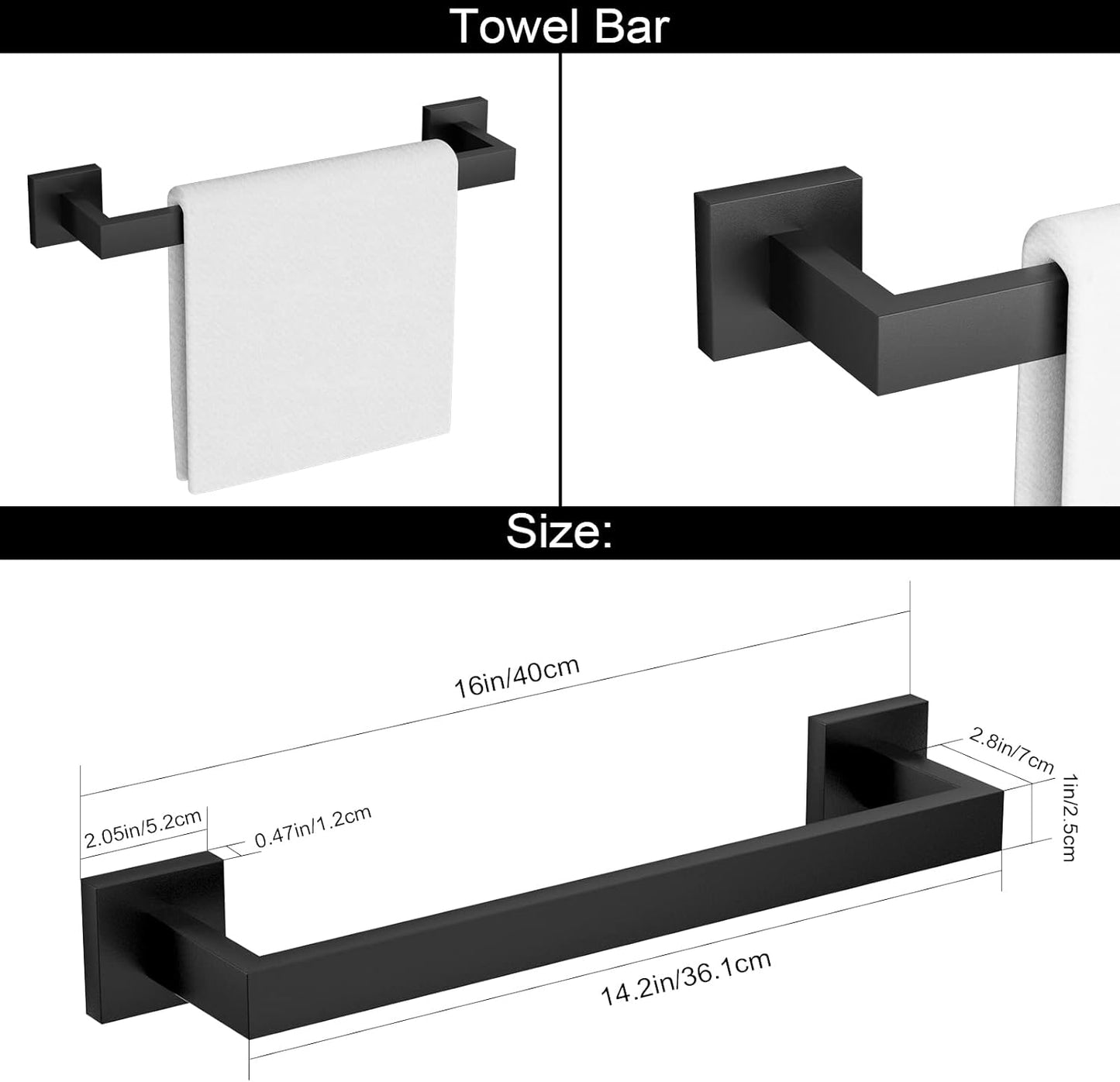 Ralbay 5-Pieces 14.2" Bath Towel Bar Set Black Premium Stainless Steel Square Style Matte Black Bathroom Hardware Accessories Set Wall Mounted Towel Rack Set
