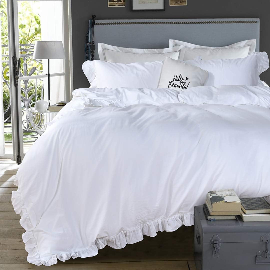 QSH Washed Cotton Ruffled King Duvet Cover Set,Vintage White Shabby Boho Chic Ruffle Farmhouse Bedding Comforter Quilt Cover 3 Pieces Aesthetic French Country Cottage King Bedding