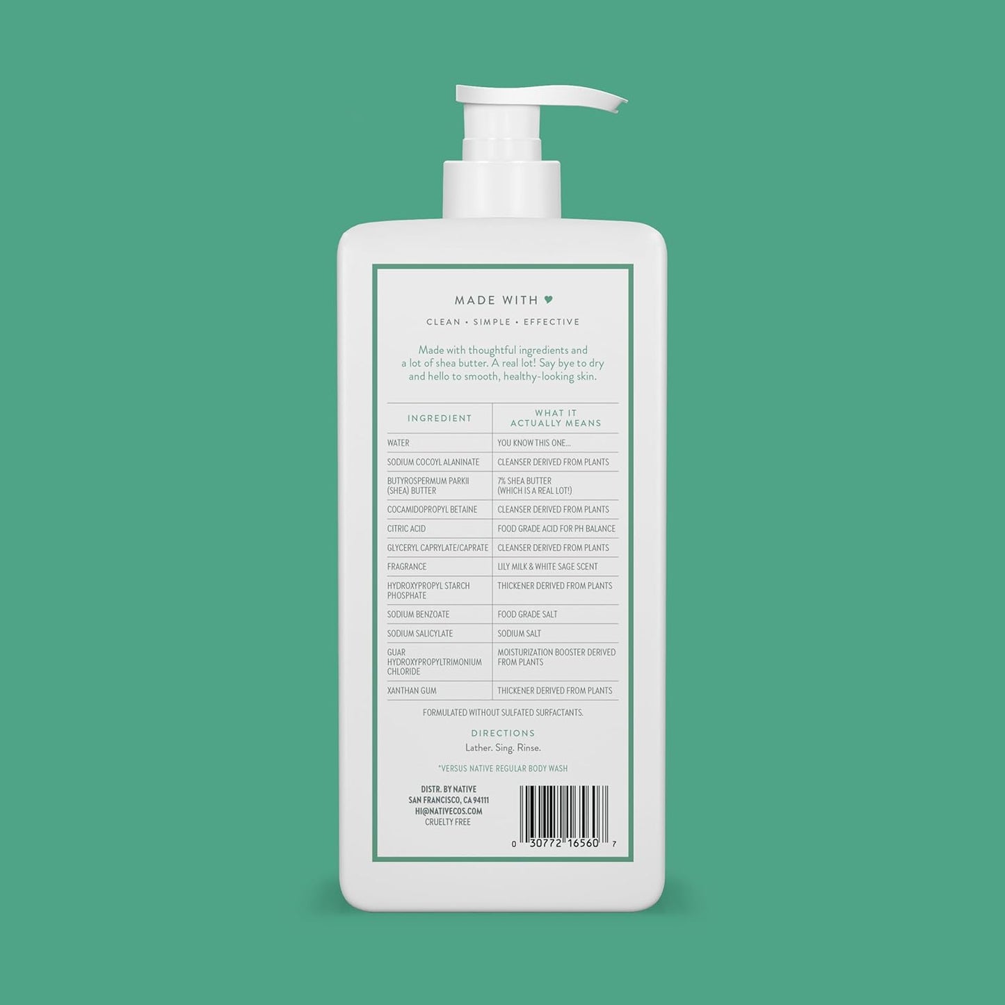 Native Moisturizing Body Wash Contains Naturally Derived Ingredients | For Women & Men, Sulfate, Paraben, & Dye Free Leaving Skin Soft and Hydrated | Lily Milk & White Sage 18 oz