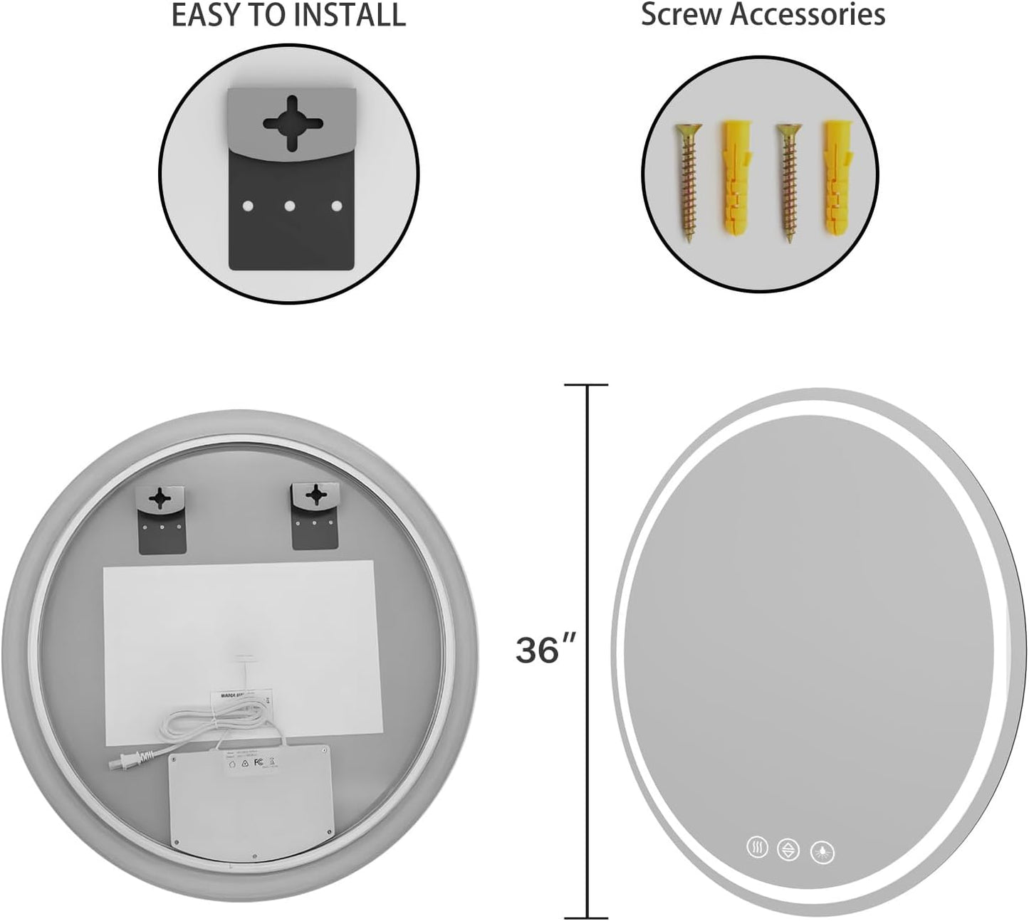 LED Bathroom Mirror 36 Inch Round Bathroom Mirror with Lights,Circle LED Mirror, Wall Mounted Lighted Bathroom with 3 Colors Brightness, Anti-Fog, Dimmable, Shatter-Proof