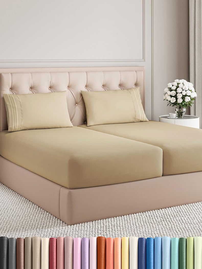 Split King Size 5 Piece Sheet Set - Comfy Breathable & Cooling Bed Sheets Set - Hotel Luxury Bedding for Women, Men, Kids, Teens, Boys & Girls - Deep Pockets, Soft and Wrinkle Free - Oeko-Tex - Beige