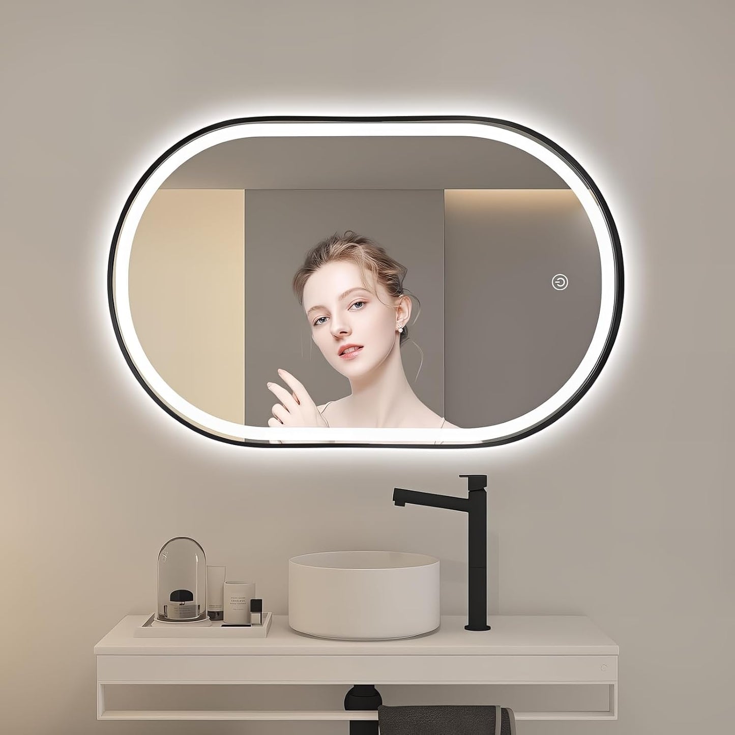 Oval LED Bathroom Mirror, 40"x24" Lighted Wall Mounted Vanity Mirror with Metal Frame, Anti-Fog IP66 Waterproof Smart Mirror, Memory Function, (Horizontal or Vertical), Black