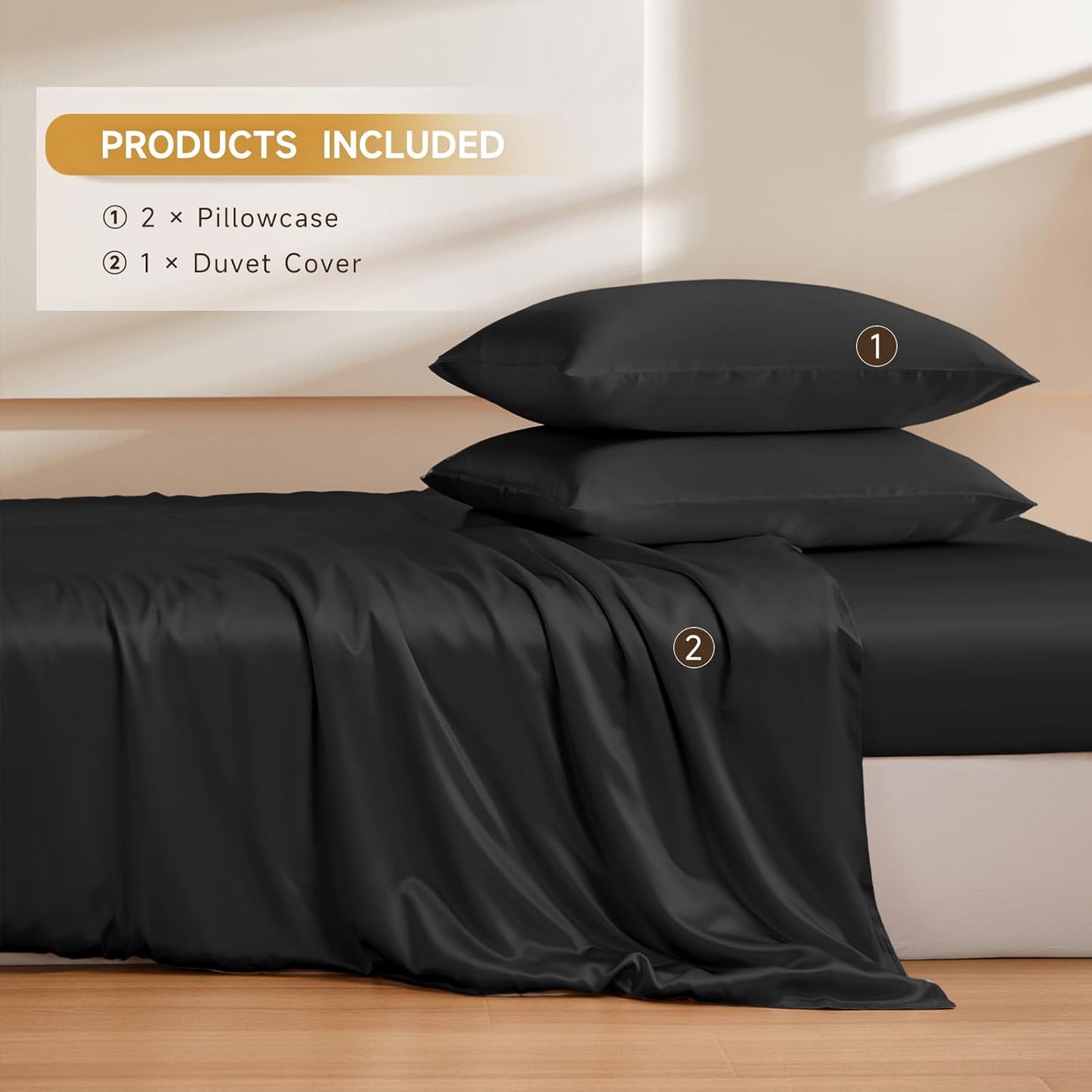 THXSILK 100% Pure Mulberry Silk Duvet Cover Set 3 Piece, 6A+ Grade Luxury Soft Bedding Silk Sheets for Hair and Skin, 1 Pcs Duvet/Quilt/Comforter Cover with 2 Zippered Pillowcases (Black, Queen)