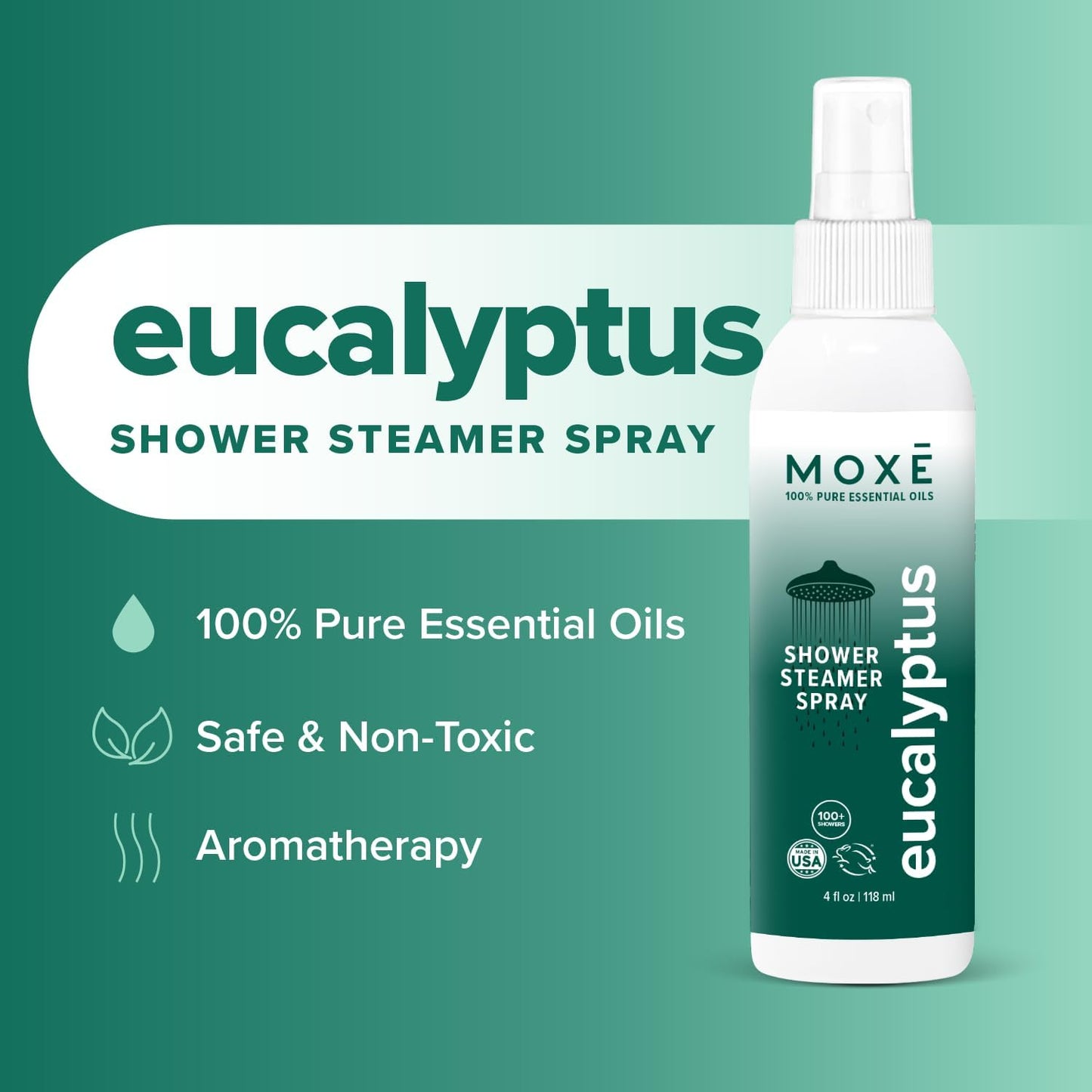 MOXĒ Eucalyptus Oil Shower Mist, Spa Steam Spray, Certified Natural 100% Essential Oils, Made in USA, Aromatherapy, Sinus Congestion Relief, Tension Relief, 4 Ounces