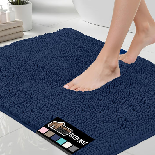 GORILLA GRIP Bath Rug Mat, Thick Soft Absorbent Chenille, Quick Dry Microfiber Mats, Rubber Backing Washable Shower Floor Rugs, Bathmat Runner, US Designed Bathroom Home Decor Accessories 24x17, Navy