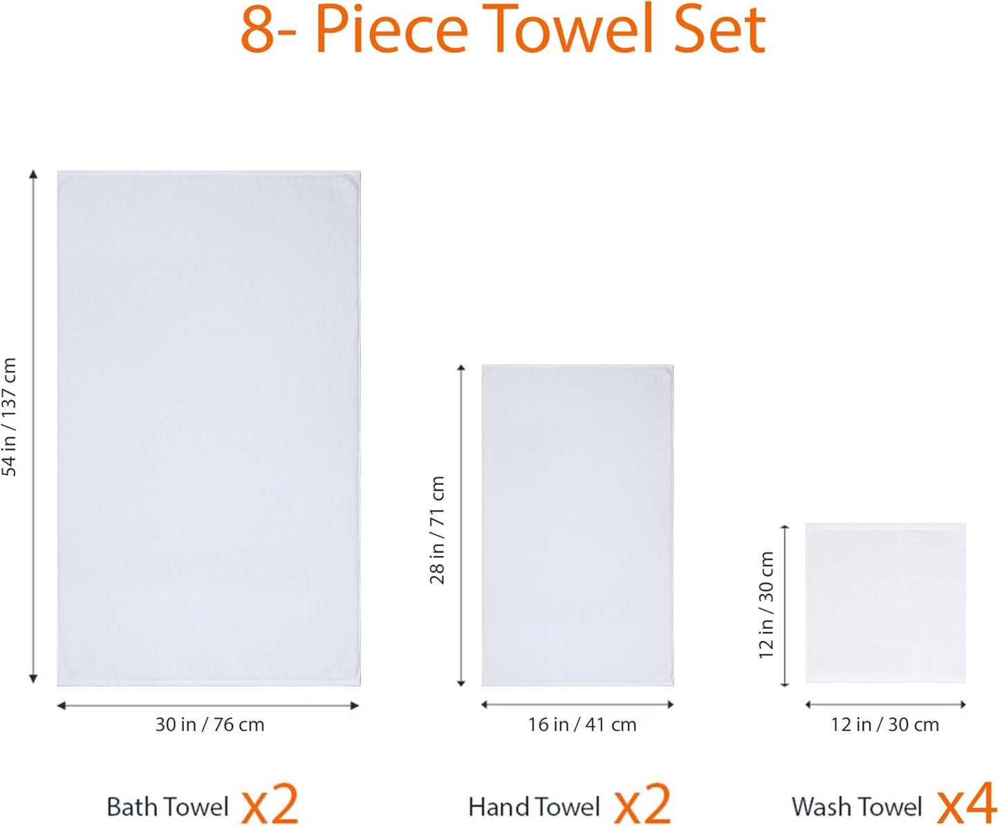 Amazon Basics 100% Cotton Soft Quick-Dry Bath Towel Set, 8-Piece, White, 10" x 7" (Pack of 6)