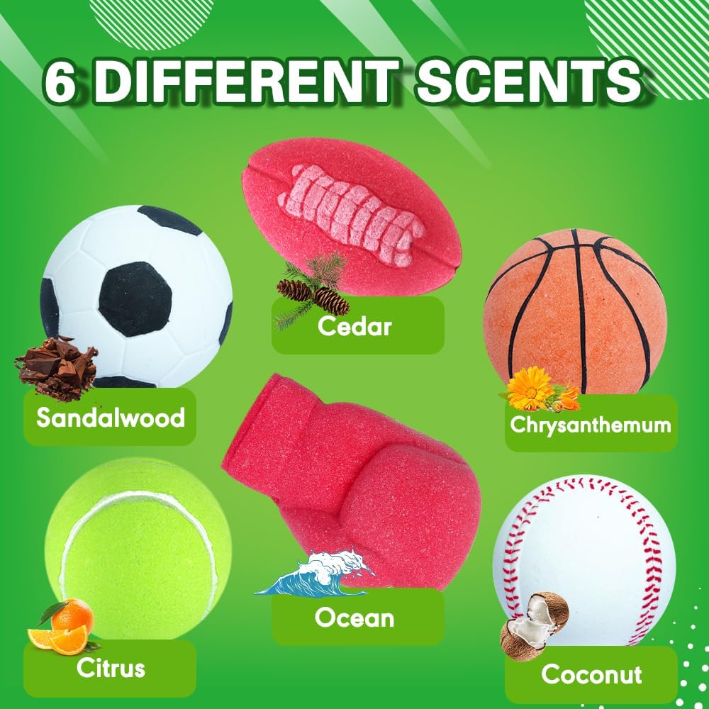 Sports Themed Bath Bombs Gift Set – 6 Piece Novelty Fizzy Balls with Basketball, Tennis, Baseball, Soccer, Football & Boxing – Fun Spa Kit for Kids, Teens, Men & Women – Self Care & Relaxation