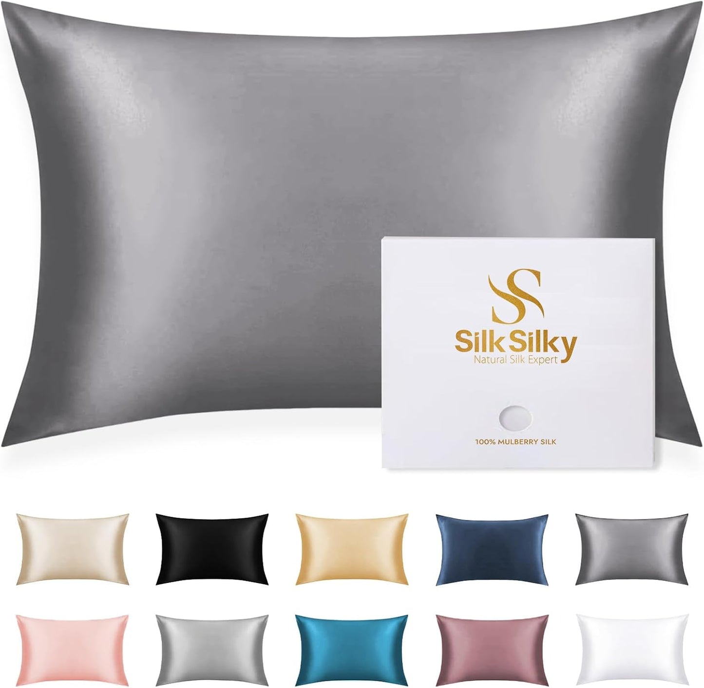 SilkSilky 100% Mulberry Silk Pillowcase - Pure 22 Momme High-Grade 6A Fibers for Hair & Skin, Envelope Closure, Natural, Organic, Breathable & Cooling Pillow Case (King, Dark Gray)