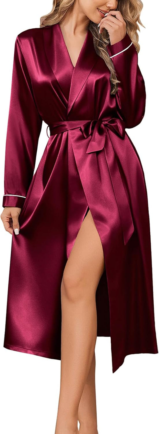 Ekouaer Silk Robes for Women Shawl Collar Satin Bathrobe Long Bride Wedding Party Robe Lightweight Sexy Sleepwear S-XXL