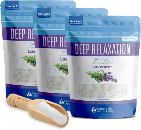 Deep Relaxation Bath Salt (3 Pack Plus Scoop) Relaxing Bath Soak with Pure Lavender Essential Oil in BPA Free Pouch with Press Lock Seal Made in USA 3 Pack of 2 Lbs 6 Lbs Total