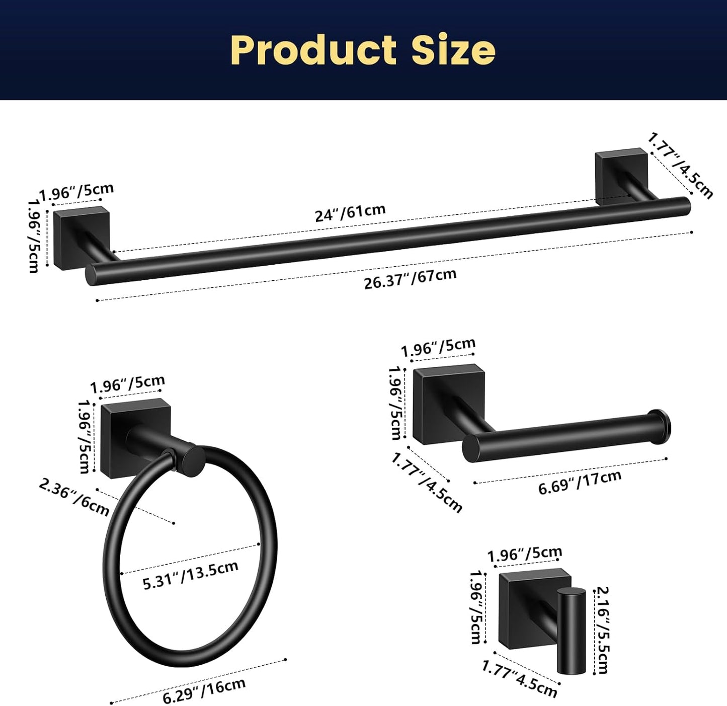 Bathroom Hardware Set 4 Pieces, Matte Black Stainless Steel Towel Bar Set, Includes 24In Towel Bar, Towel Ring, Robe Towel Hooks,Toilet Paper Holder, Wall Mounted Towel Rack Set