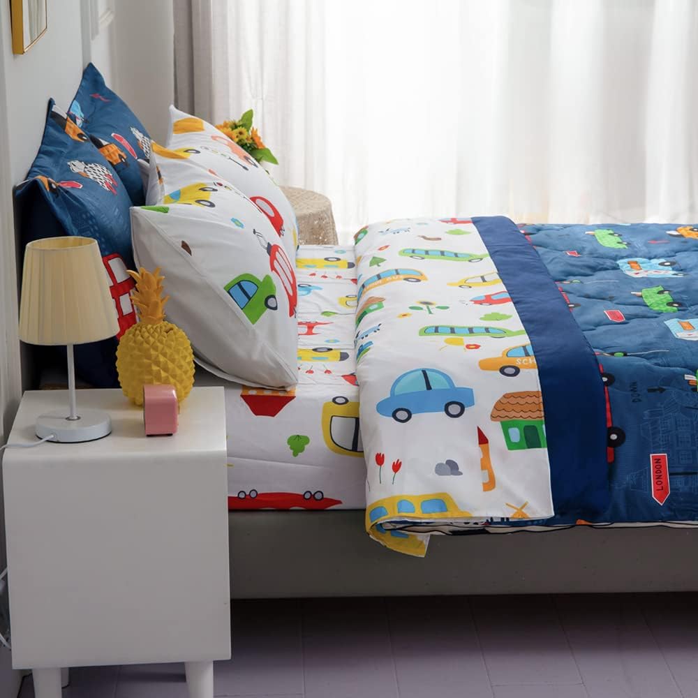 Wajade Cartoon Cars Comforter Set Bed in A Bag Twin Size Colorful Cars Bus Van Traffic Lights Bedding Set for Boys Kids (1 Comforter, 1 Flat Sheet, 1 Fitted Sheet, 2 Pillowcase and 2 Pillow Sham)