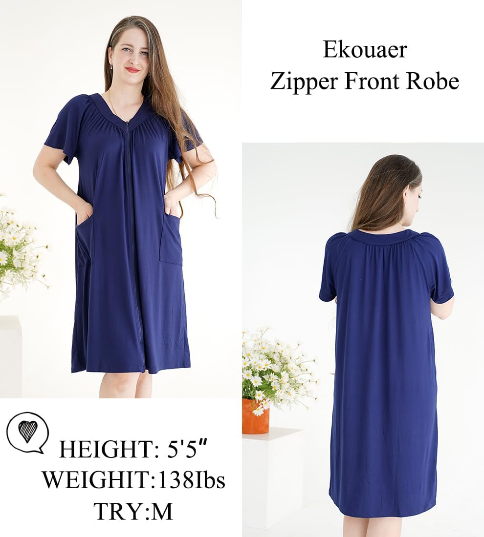 Ekouaer Women Robe Zipper Front Mumu Duster Robes Zip Up Housecoat Soft Sleepwear with Pockets S-3XL