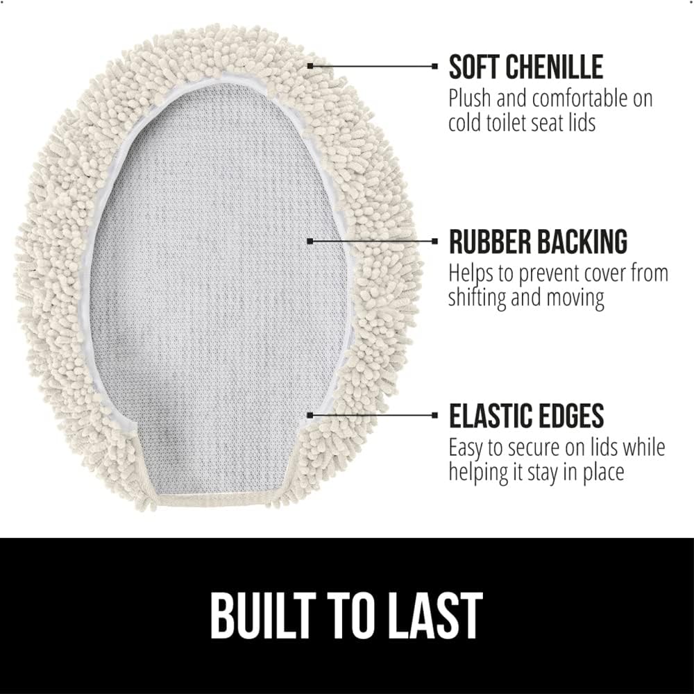 GORILLA GRIP Soft Chenille Bathroom Toilet Lid Cover, Machine Washable Seat Covers, 19.5x18.5, Stays In Place Rubber Backing, Fits Most Round, Elongated and Oblong Lids, Accessories Decor, Ivory Cream