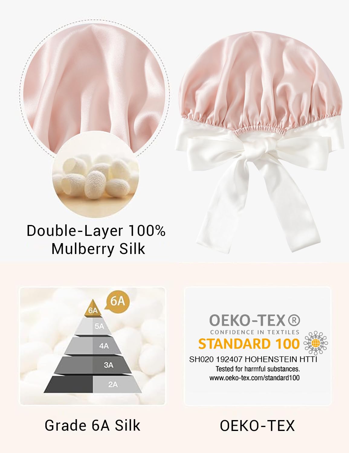 Non-Slip 100% Mulberry Silk Bonnet for Sleeping Women - Double Layer Silk Hair Wrap for Curly Hair, with Tie Bands to Secure the Cap (Pink+Ivory)