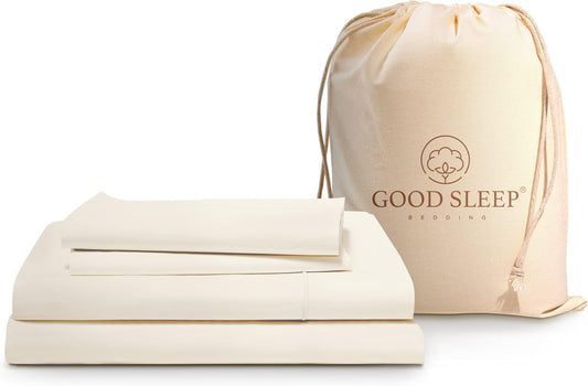 Good Sleep Bedding Cotton Sheets: 100% Long Staple Egyptian Cotton Queen Size BedSheets, 4 Piece Cotton Ivory Sheet Set, Fits Mattress Upto 16 Inches Deep Pocket Queen- 4 Pc Sheet Set