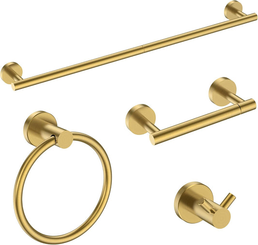 FORIOUS Bathroom Hardware Accessories Set, SUS304 Stainless Steel 24 Inch Towel Bar Set, Modern Towel Racks Holder for Bathroom Wall Mounted, 4 Pieces, Brushed Gold