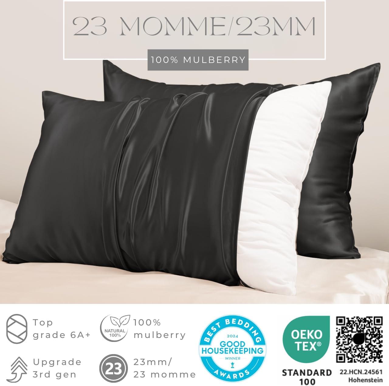 PROMEED Upgraded Grade 6A+ Black Silk Pillowcase with Zipper, 23 Momme Natural Mulberry Silk Pillow Cases for Hair and Skin - Easy Care with Free Laundry Bag (King 20"x36", Black)