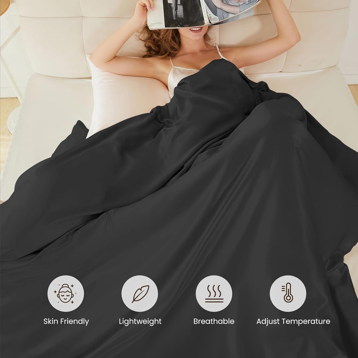 THXSILK 100% Pure Mulberry Silk Duvet Cover Set 3 Piece, 6A+ Grade Luxury Soft Bedding Silk Sheets for Hair and Skin, 1 Pcs Duvet/Quilt/Comforter Cover with 2 Zippered Pillowcases (Black, Full)