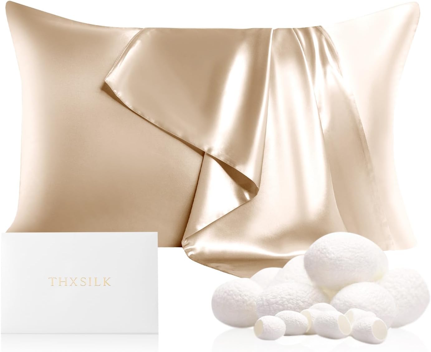 THXSILK Silk Pillowcase for Hair and Skin, 100% Mulberry Silk Bed Pillowcase 22 Momme, Hypoallergenic Soft Breathable Both Sides Silk Pillow Case with Hidden Zipper, King Pillow Case(Beige)