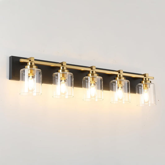 5 Light Modern Bathroom Light Fixtures Over Mirror, Black Gold Vanity Lights for Bathroom Wall Sconces with Clear Glass Shades, E26 Socket (Bulbs Not Included)