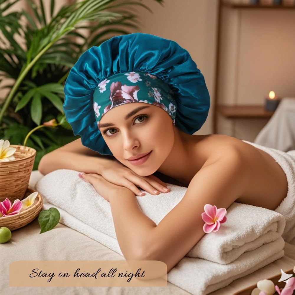 3+3 Large Satin Bonnets with Scrunchies for Women, Wide Band Hair Bonnet for Sleeping Braids Curly Hair