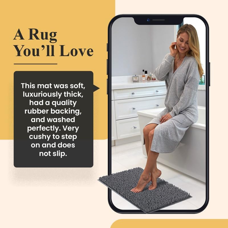 MAYSHINE Plush Shaggy Chenille Bath Mat | Extra Soft, Super Absorbent, Non-Slip Bathroom Rug | Fluffy Microfiber, Area Rug Sets for Bathroom Floor, Kitchen, Living Room | 24"x17" | Black