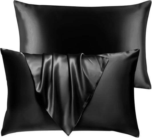 BHZ Satin Goose Down Feather Pillows King Size Set of 2 with Black Satin Pillowcase for Hair and Skin, Cooling Pillow Cases Similar to Silk Pillow Cases, Decorative for Women, Mom Men