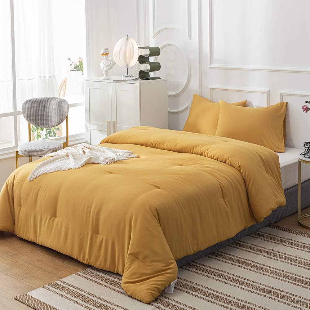 Cottonight Mustard Yellow Comforter Sets Queen Dark Yellow Comforter Full Lightweight Cozy Mustard Bedding Comforter Sets Ginger Yellow Blanket Quilts Soft Comfy for Women Men Adults Teens