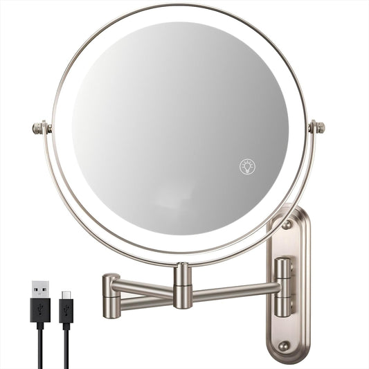 30X Wall Mounted Makeup Mirror with Lights,3 Color Modes Dimmable & Adjustable Double Side, Bathroom Vanity Makeup Mirror with 360 Rotation Extendable Swivel Arm,Magnifying Mirror - Brushed Nickel