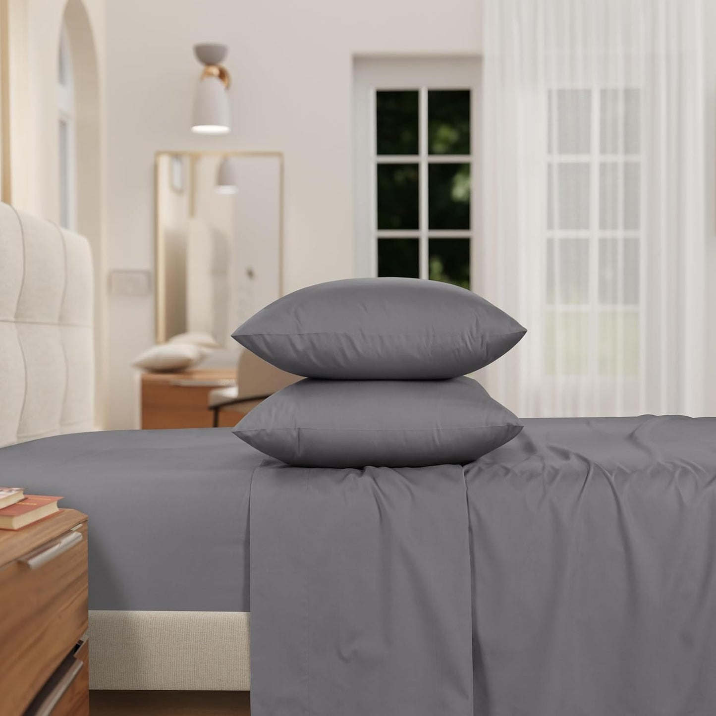 IZOD 100% Egyptian Cotton Sheets Set Twin Size, Cotton Percale Crisp Sheet Set 3Pc, Lightweight & Deep Pocket fits Upto 17", Long-Staple Soft Combed, Hotel Style Luxury Bedding Sheet - Carbon Steel