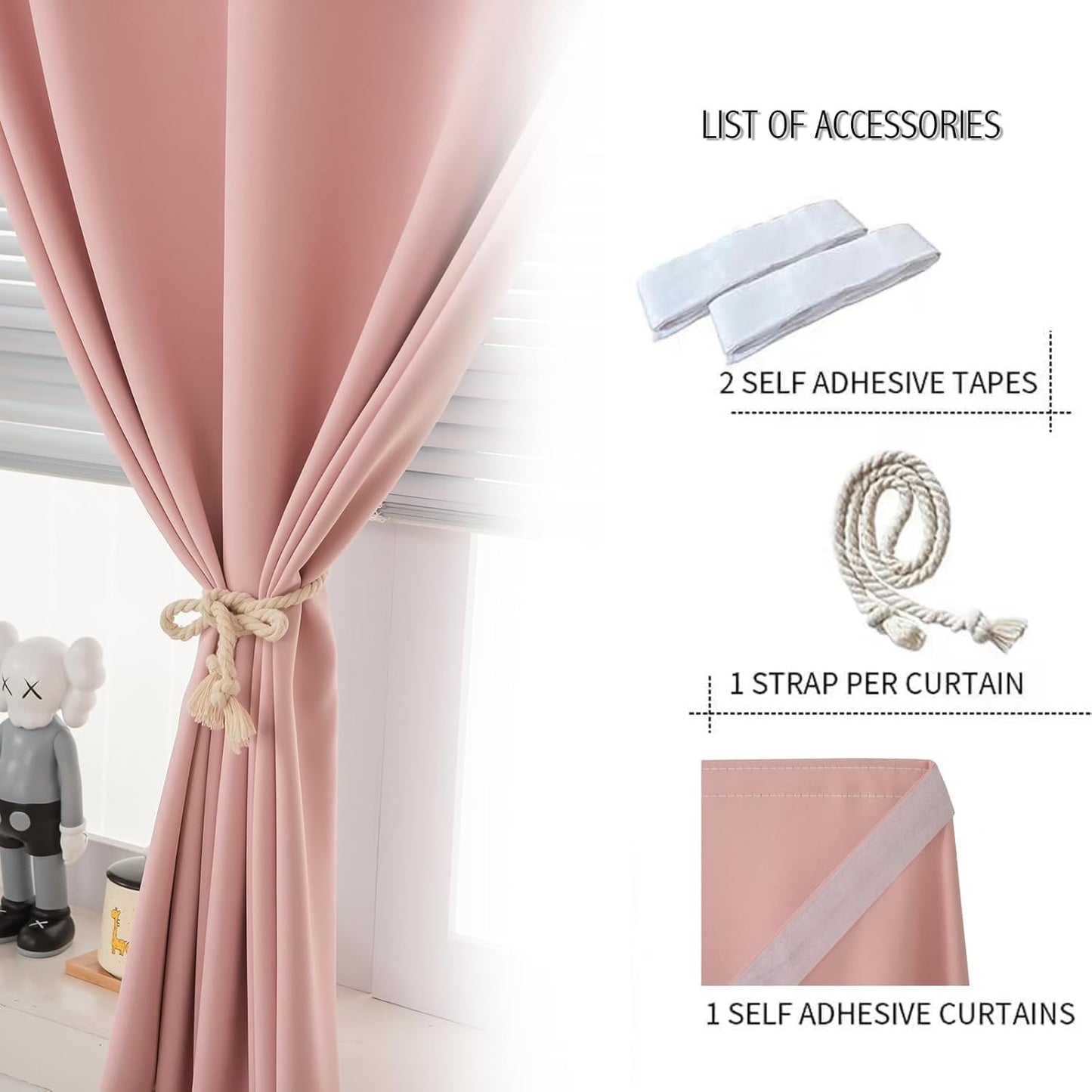 Self Adhesive Curtains, Stick Curtain Blackout Shades Window Cover Curtains for Living Room No Drilling, 59" W X 96" L, Pink, 1 Panel
