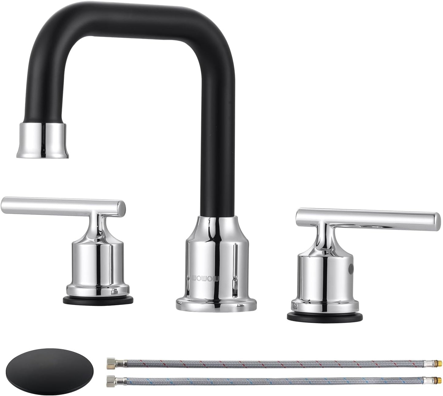 WOWOW Black and Chrome Bathroom Sink Faucet, Widespread Bathroom Faucet 3 Hole Vanity Tap 8 Inch Bathroom Tap with Pop Up Drain Assembly & cUPC Supply Lines, 2 Handle Basin Faucet Modern