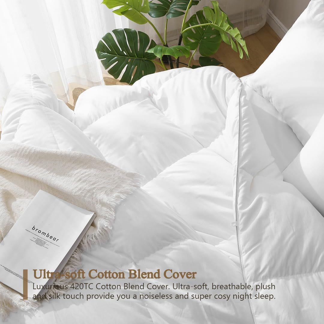 DWR Luxury Twin Size Down Feather Fibers Comforter, Ultra-Soft Cotton Blend Fabric, Medium Weight for All Season Hotel Style Fluffy Duvet Insert with Ties (68x90 Inches, White)