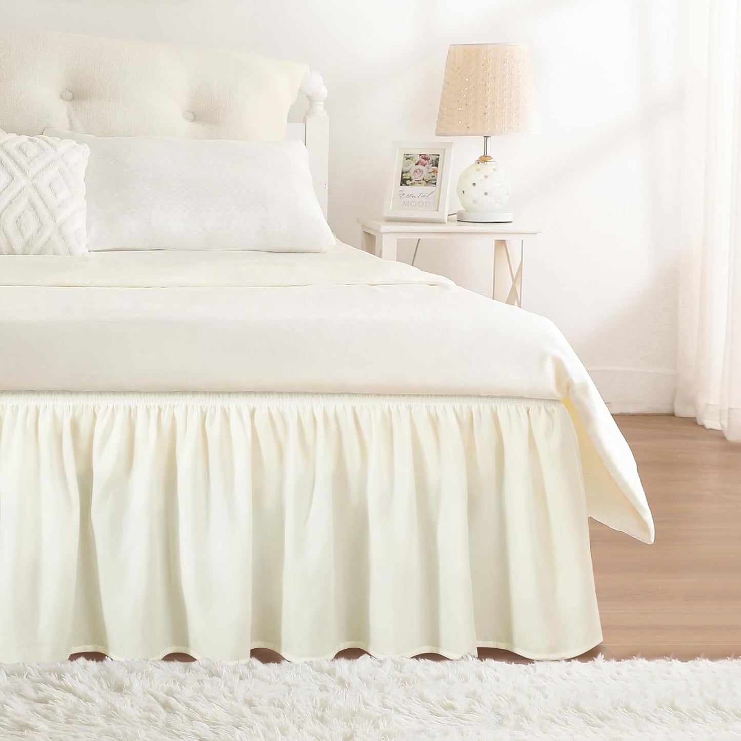 RIMELA Queen Bed Skirt 14 Inch Drop Ivory White, Wrap Around Elastic Bed Skirts Queen Size Dust Ruffle, Bedskirt for Adjustable Bed Base Solid Silky Fabric Machine Washable Easy to Install