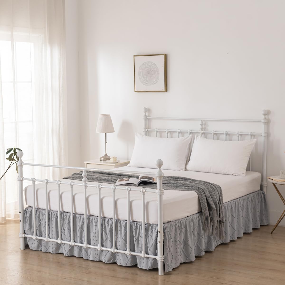 Bed Skirt Full Size Ruffled Bed Skirt with Split Corners, 18 Inch Drop Dust Ruffle Bed Skirts with Platform, Boho Tufted Shabby Chic Full Size Bed Skirts, Light Grey