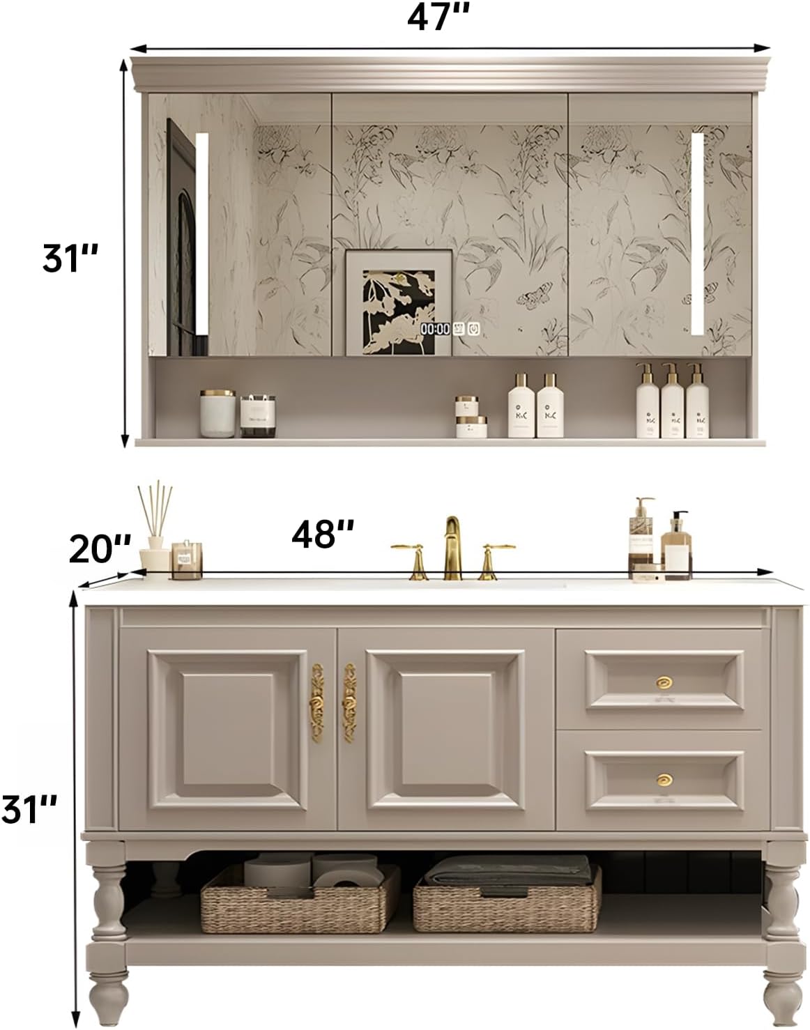 48" Bathroom Vanity with Sink,Freestanding Bathroom Vanity Large Storage Cabinet & Open Mirror Cabinet,2 Soft Closing Doors and 2 Drawers Solid Wood Luxury Bathroom Vanities Set,White
