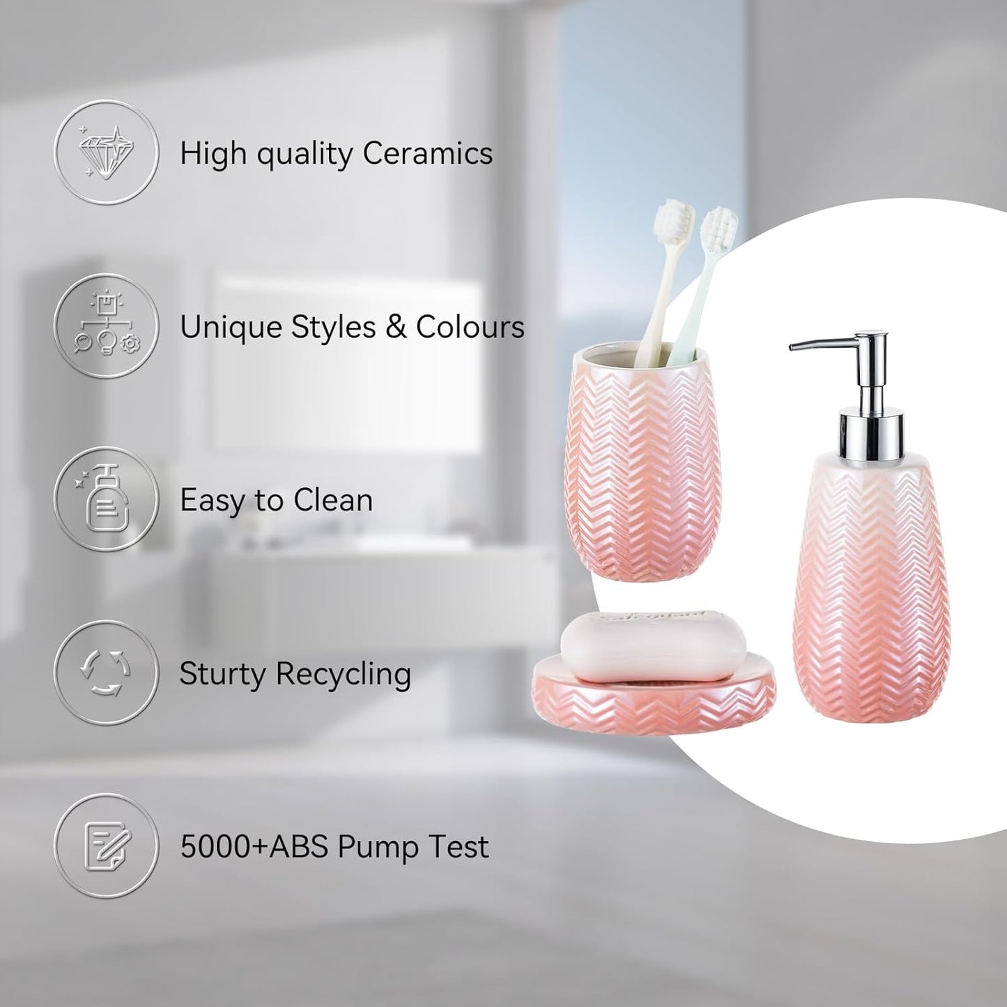 Pink Bathroom Accessories Set, 3 Pcs Ceramic Bathroom Decor Contain Toothbrush Holder,Soap Dispenser, and Soap Dish.