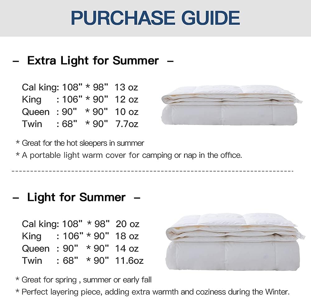 Globon White Summer Down Comforter/Blanket Queen Size, Lightweight Duvet Insert for Hot Sleepers, Noiseless & Extra Soft Shell,14OZ,750 Fill Power, with Ties, Solid White