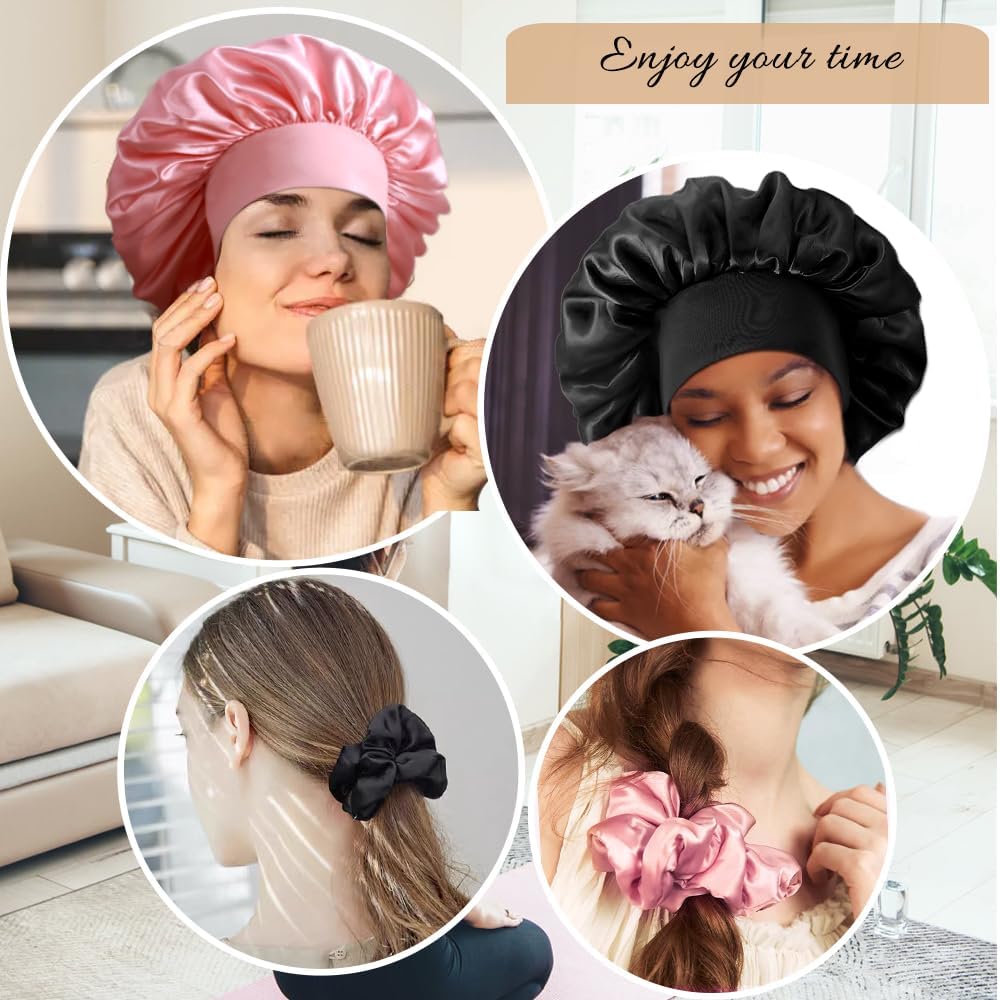 3+3 Large Satin Bonnets with Scrunchies for Women, Wide Band Hair Bonnet for Sleeping Braids Curly Hair