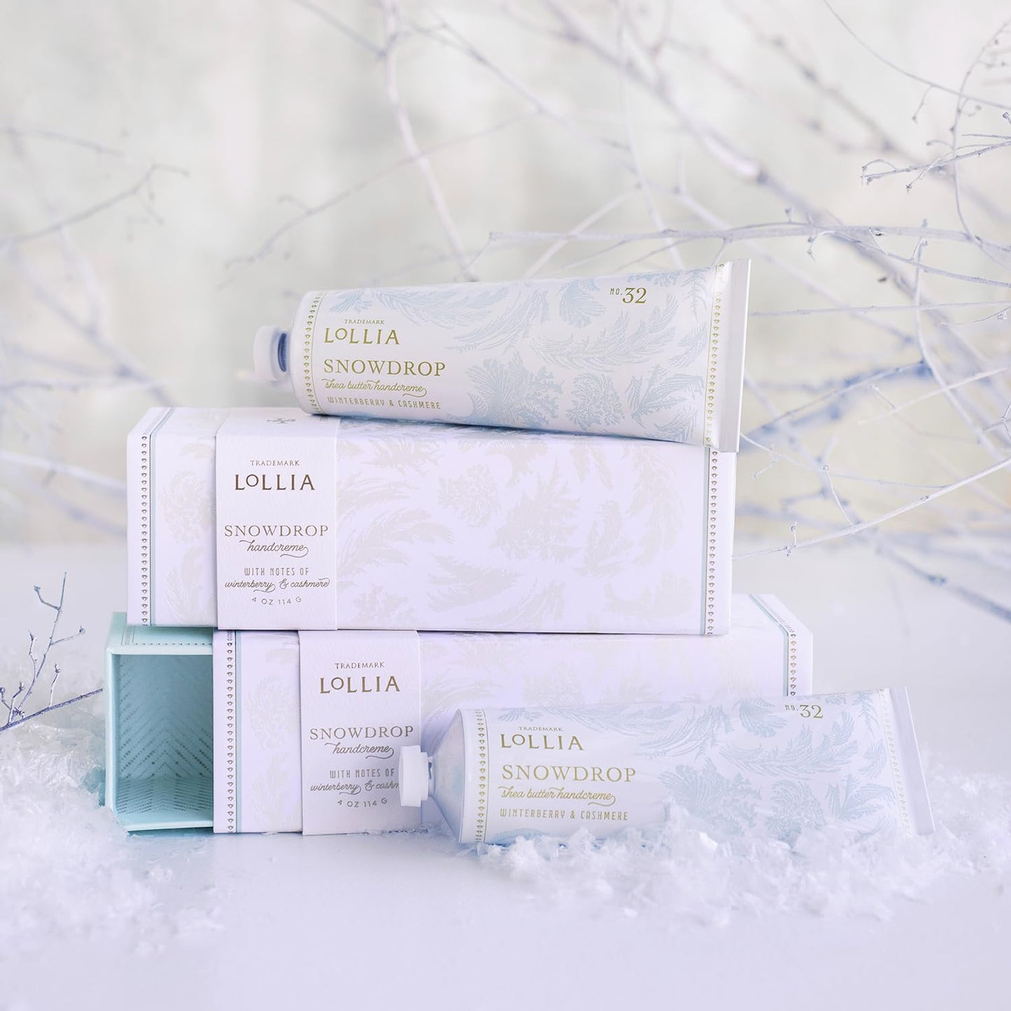 LOLLIA Snowdrop Handcreme, 4 oz, 113 g, Winterberry & Cashmere Fragrance, Luxury Shea Butter & Cocoa Butter Hand Moisturizer, Scented Hand Cream, Lotion for Women