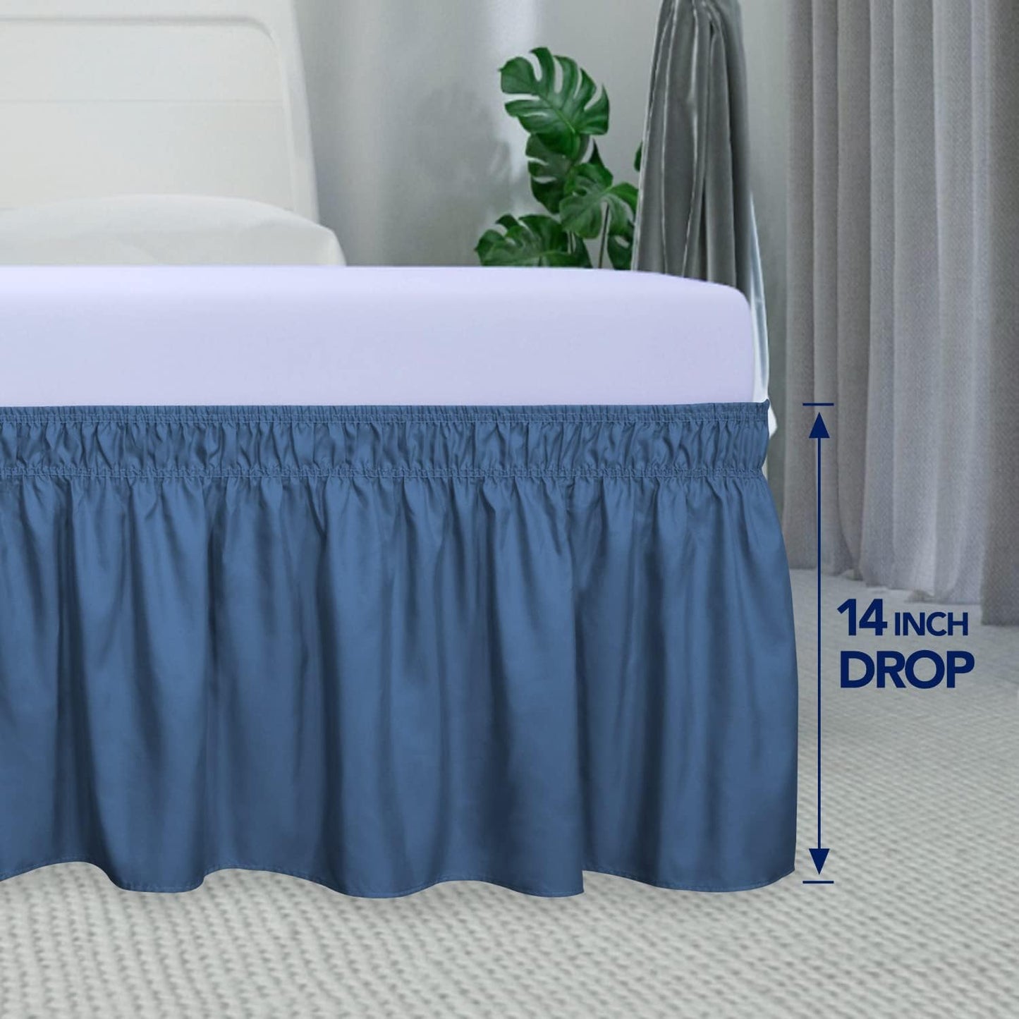 PureFit Wrap Around Ruffled Bed Skirt with Adjustable Elastic Belt - 14 Inch Drop Easy to Put On, Wrinkle Free Bedskirt Dust Ruffles, Bed Frame Cover for Queen, King and C-King Size Beds, Navy