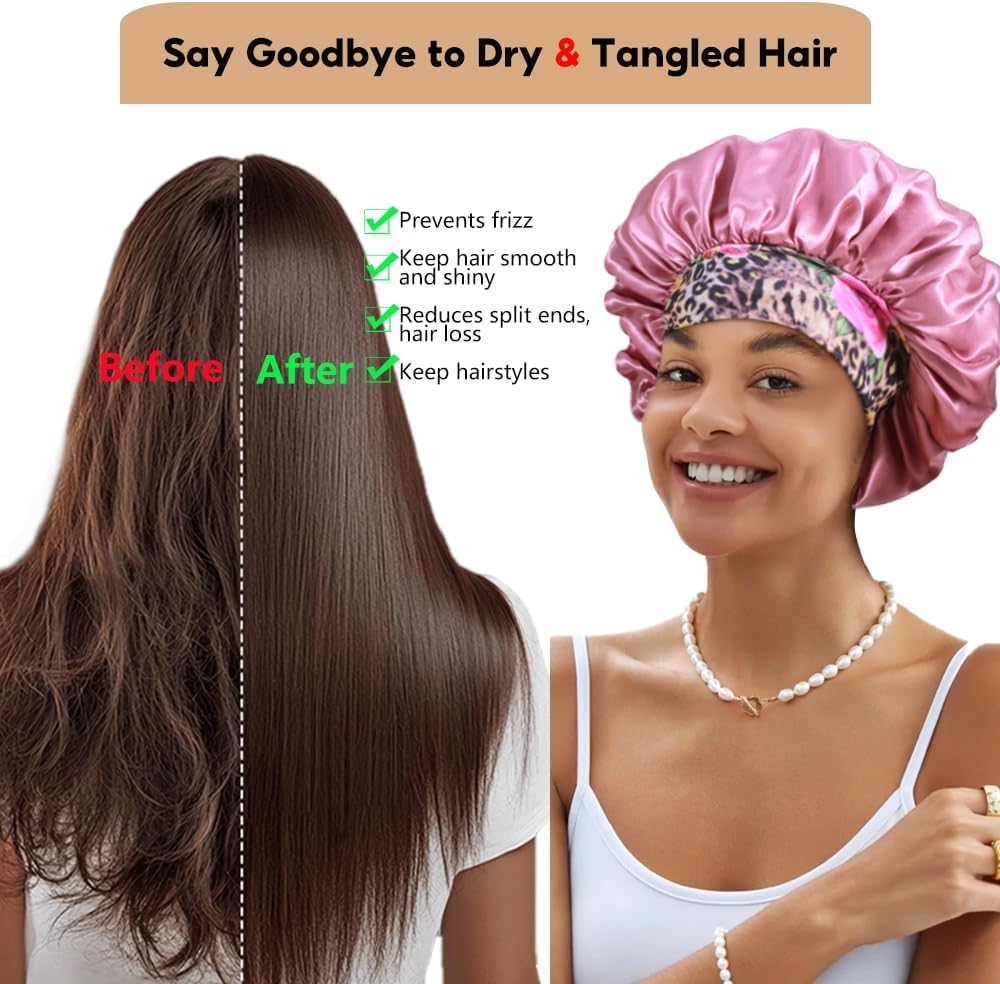 3+3 Large Satin Bonnets with Scrunchies for Women, Wide Band Hair Bonnet for Sleeping Braids Curly Hair