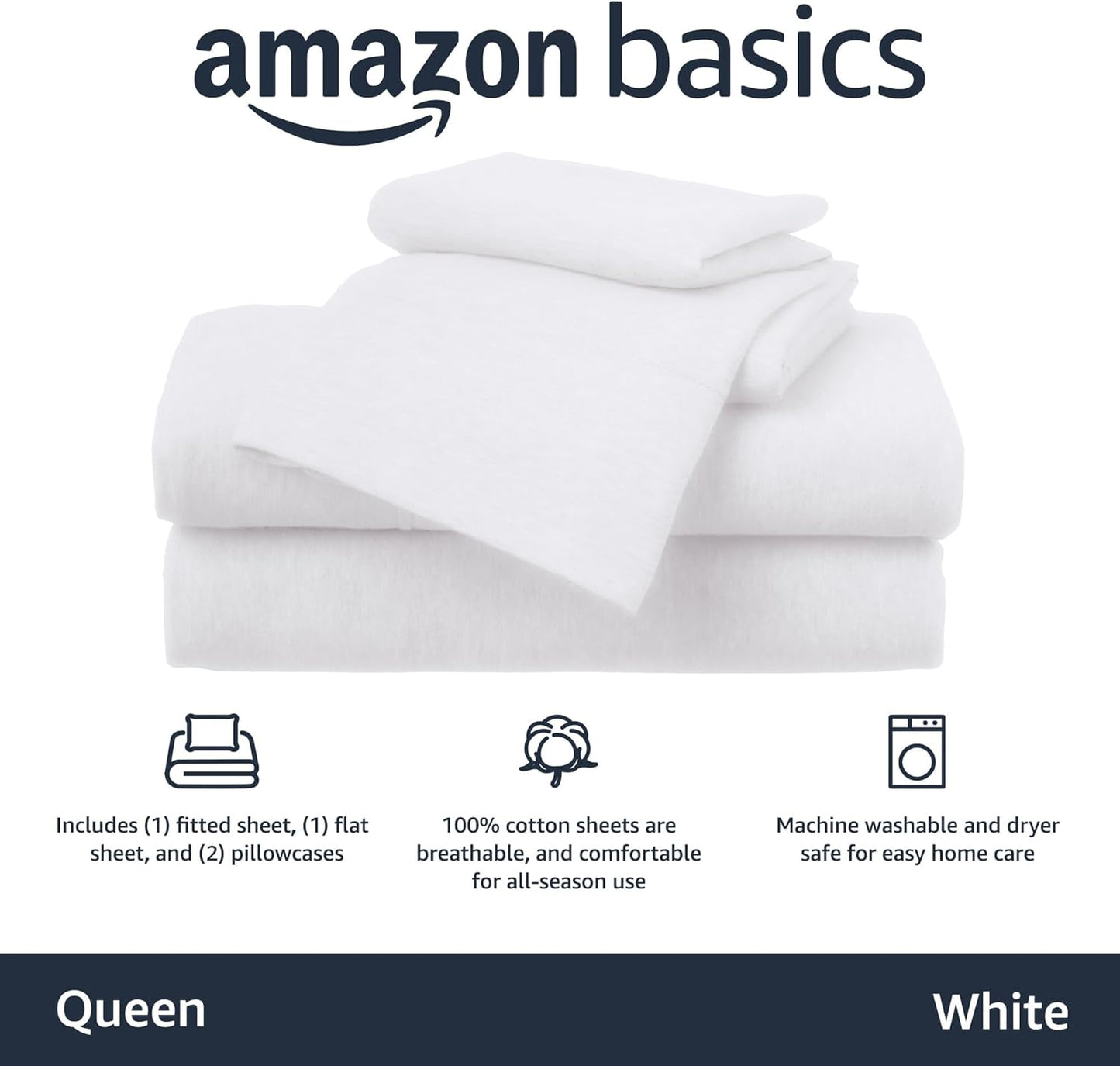 Amazon Basics 4 Piece Comfortable Cotton Jersey Bed Sheet Set, Includes Soft Flat and Fitted Sheets, Pillowcase, Queen, White, Solid