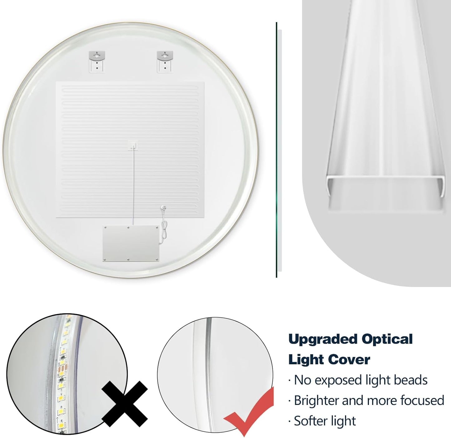 Niccy Round Led Mirror for Bathroom, 40" Circle Frameless Backlit Mirror wiht Light, Anti-Fog, 3 Colors, Waterproof, Memory Function