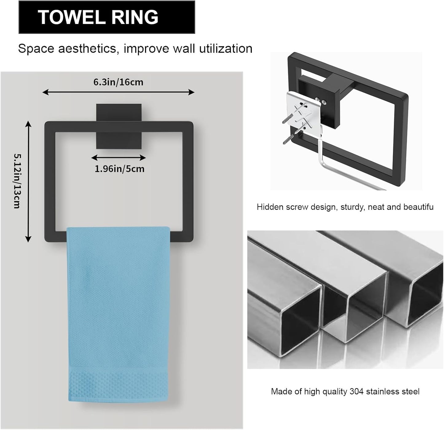20-Pieces Matte Black Bathroom Accessories Set, 16 Inch Bath Towel Bar Set, SUS 304 Stainless Steel Bathroom Hardware Set, Towel Racks for Bathroom Wall Mounted