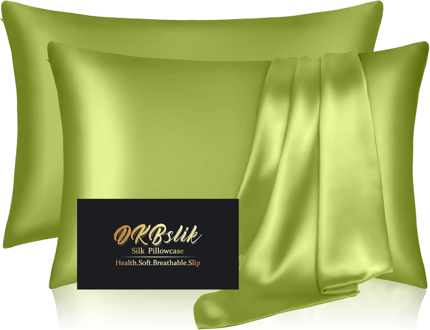 Silk Pillowcase 2 Pack, Natural Mulberry Silk Pillow Cases, Anti Acne Silk Pillowcase for Hair and Skin, King Size Silk Satin Pillowcase Set of 2 with Zipper, Gifts for Sleeping Women, Olive Green