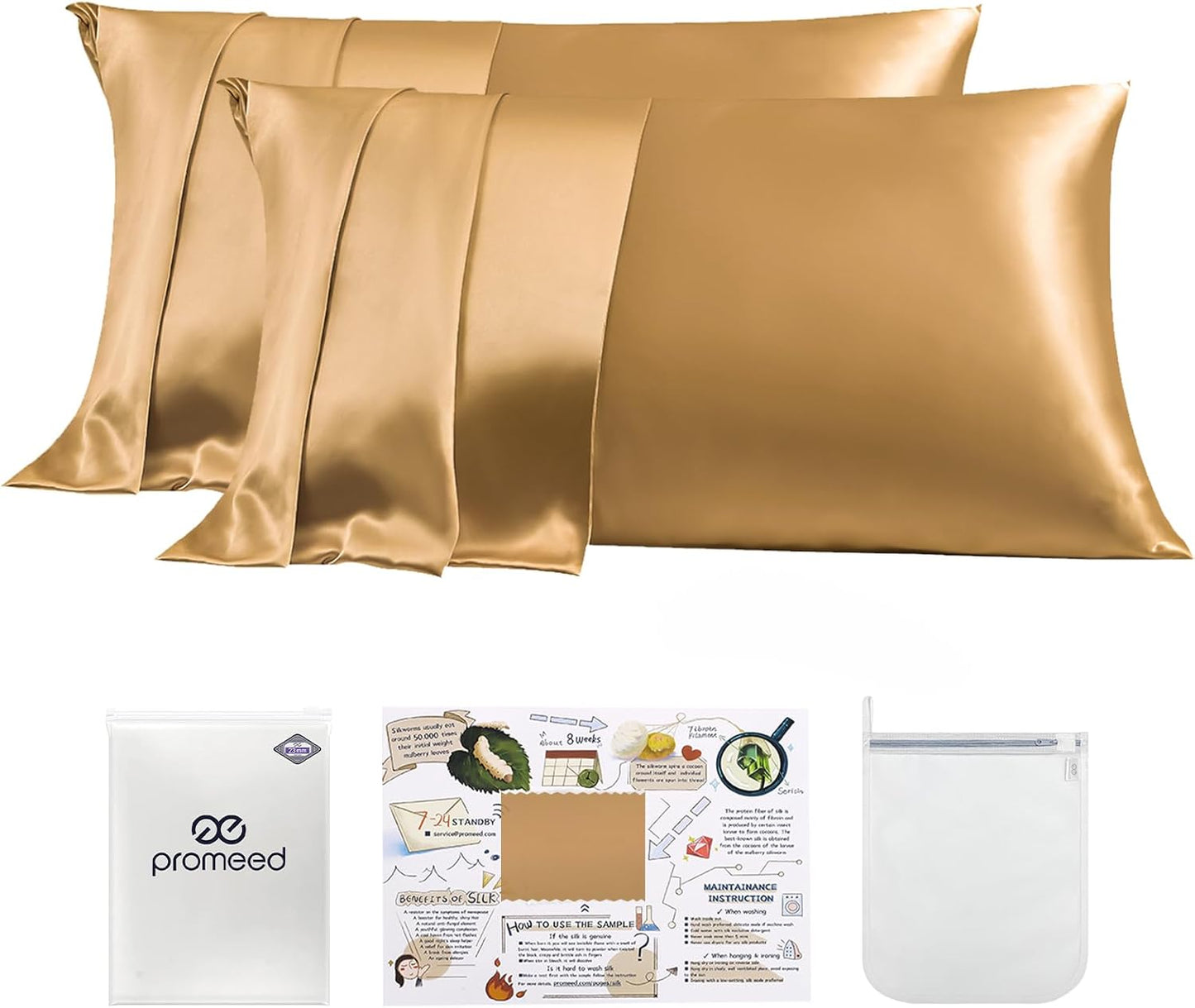 PROMEED 100% 23 Momme Silk Pillowcases Set of 2, Upgraded 3rd Generation 6A+ Mulberry Silk Pillow Case Set of 2, Real Natural Silk Pillow Case Cover 2pcs Set (King 20"x36", Gold)
